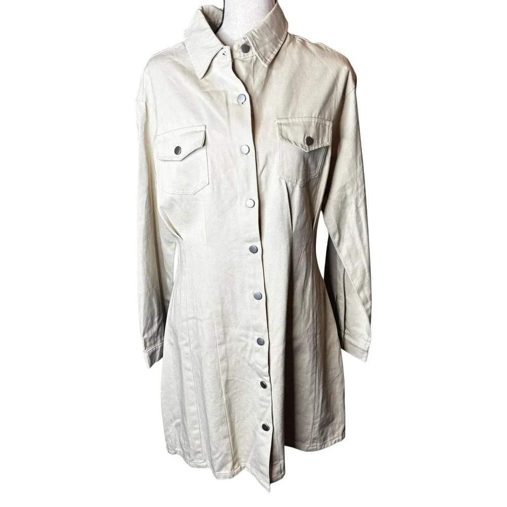 HYFVE Khaki Shirt Dress Long Sleeve Button Down‎ Collared Pockets Womens - Picture 5 of 11